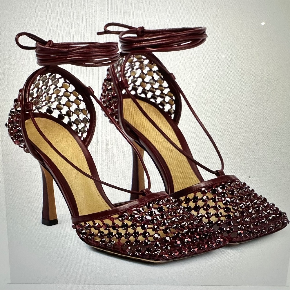 Bottega Veneta Sparkle Stretch Embellished Sandals, Bordeaux, Size 37